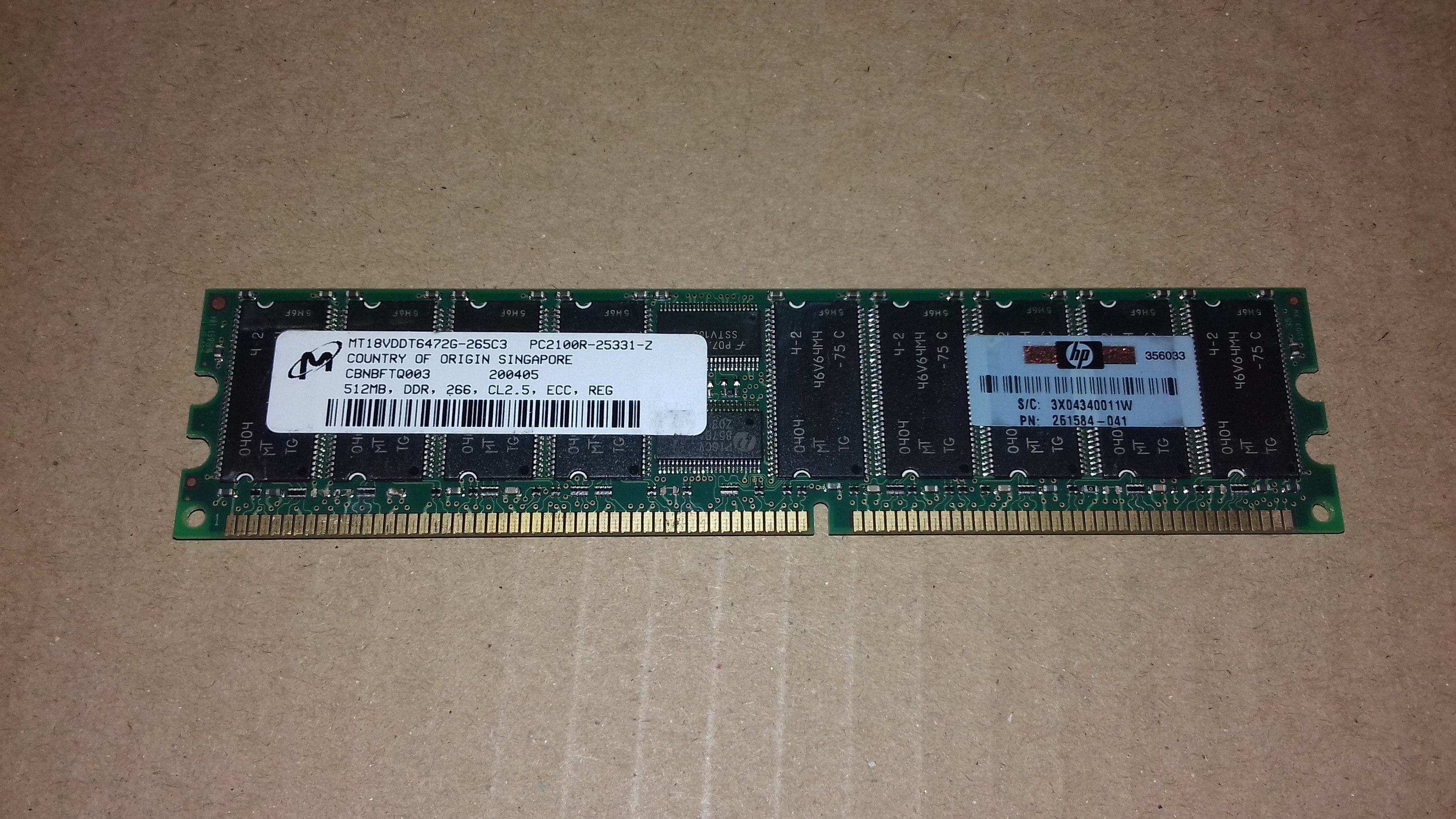 512MB PC2100R Reg ECC RAM Server Micron MT18VDDT6472G-265C3 DDR DIMM 184pins - Imagen 1 de 1